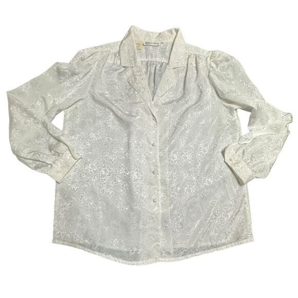 Vintage Steven Barry White on white floral patterned long sleeve blouse size 12 - Picture 9 of 13